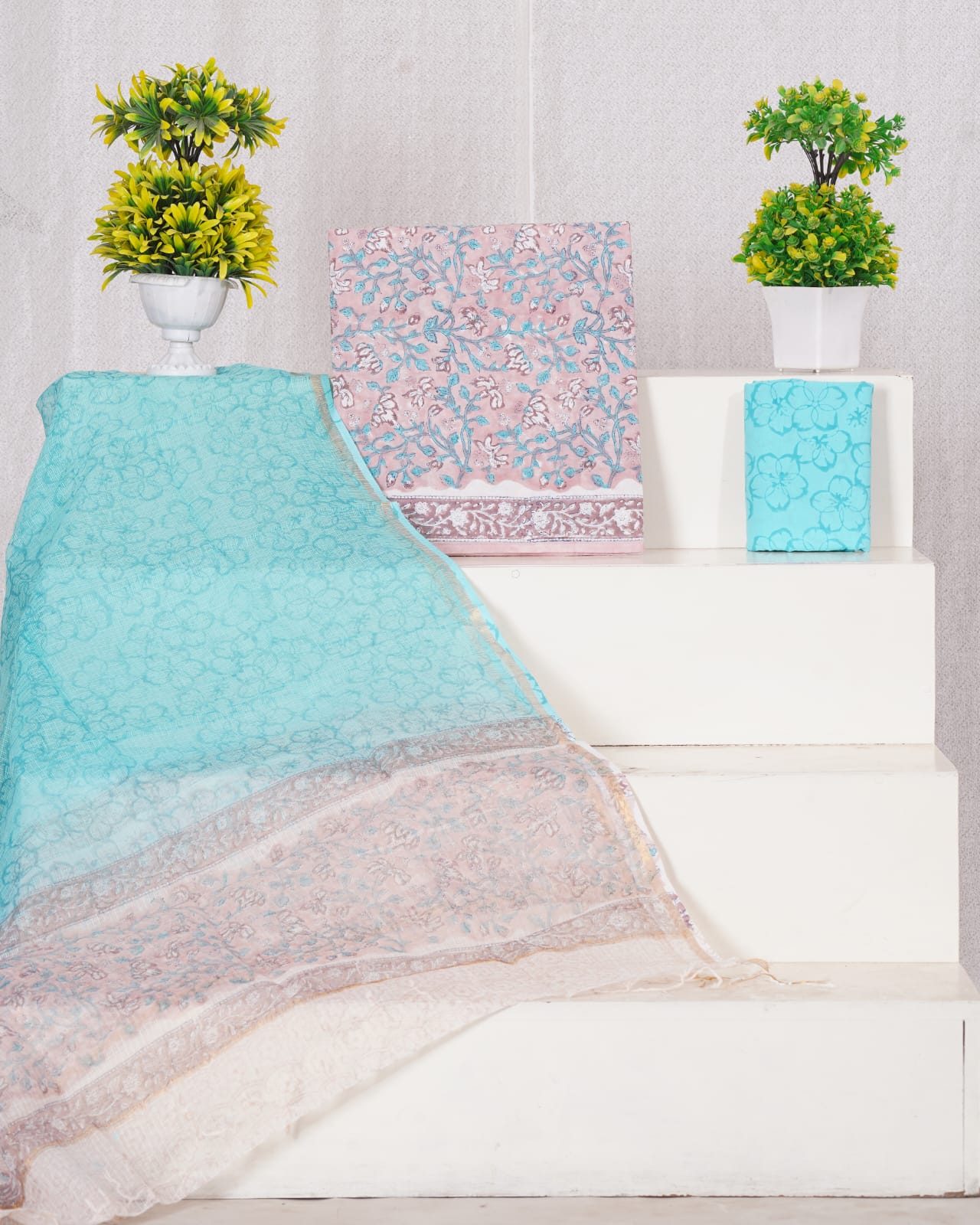 Pure Cotton Unstitched Suit With Pure Kota Doria Dupatta With Jari Border