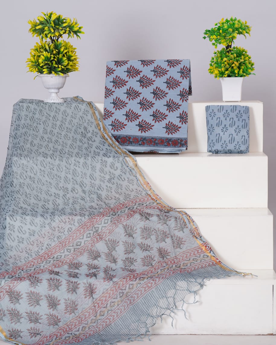 Pure Cotton Unstitched Suit With Pure Kota Doria Dupatta With Jari Border