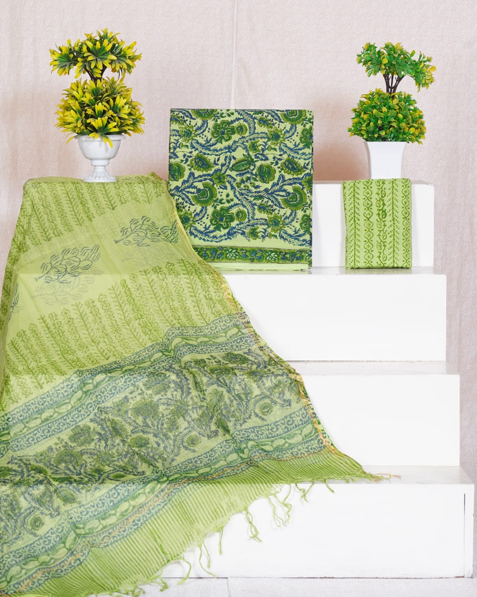 Pure Cotton Unstitched Suit With Pure Kota Doria Dupatta With Jari Border