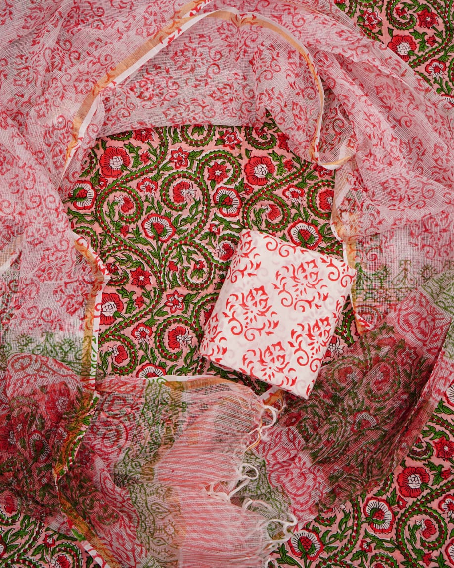 Pure Cotton Unstitched Suit With Pure Kota Doria Dupatta With Jari Border