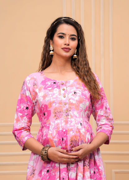 New Exclusive Cotton Cambric Floral Printed With Zip Design Maternity Gawn