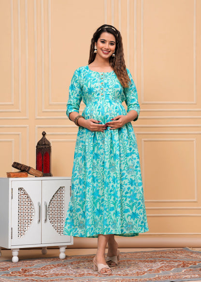 New Exclusive Cotton Cambric Floral Printed With Zip Design Maternity Gawn