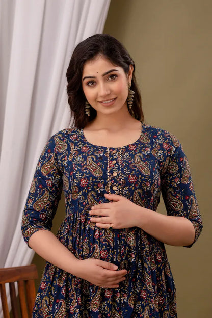 New Exclusive Cotton Cambric Floral Printed With Zip Design Maternity Gawn