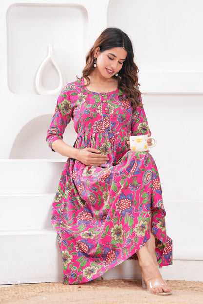 New Exclusive Cotton Cambric Floral Printed With Zip Design Maternity Gawn