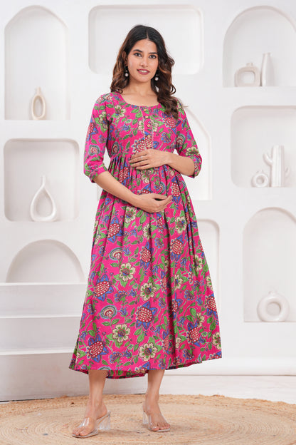 New Exclusive Cotton Cambric Floral Printed With Zip Design Maternity Gawn