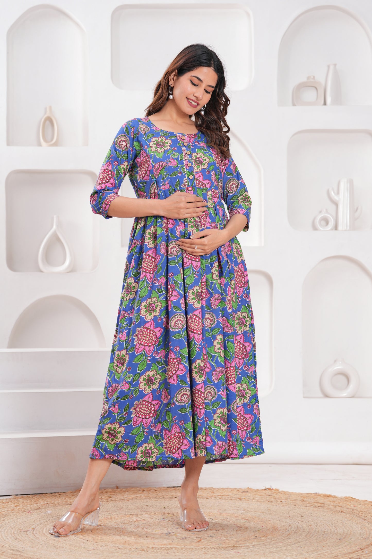 New Exclusive Cotton Cambric Floral Printed With Zip Design Maternity Gawn
