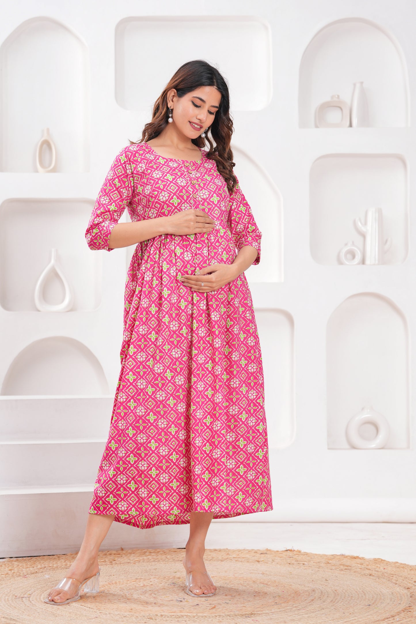 New Exclusive Cotton Cambric Floral Printed With Zip Design Maternity Gawn