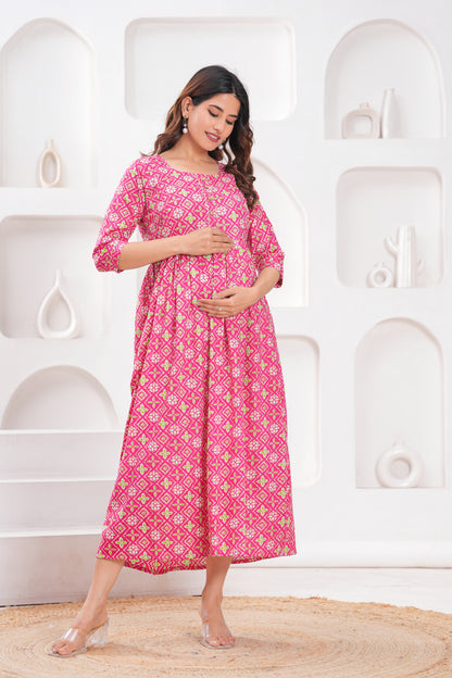 New Exclusive Cotton Cambric Floral Printed With Zip Design Maternity Gawn