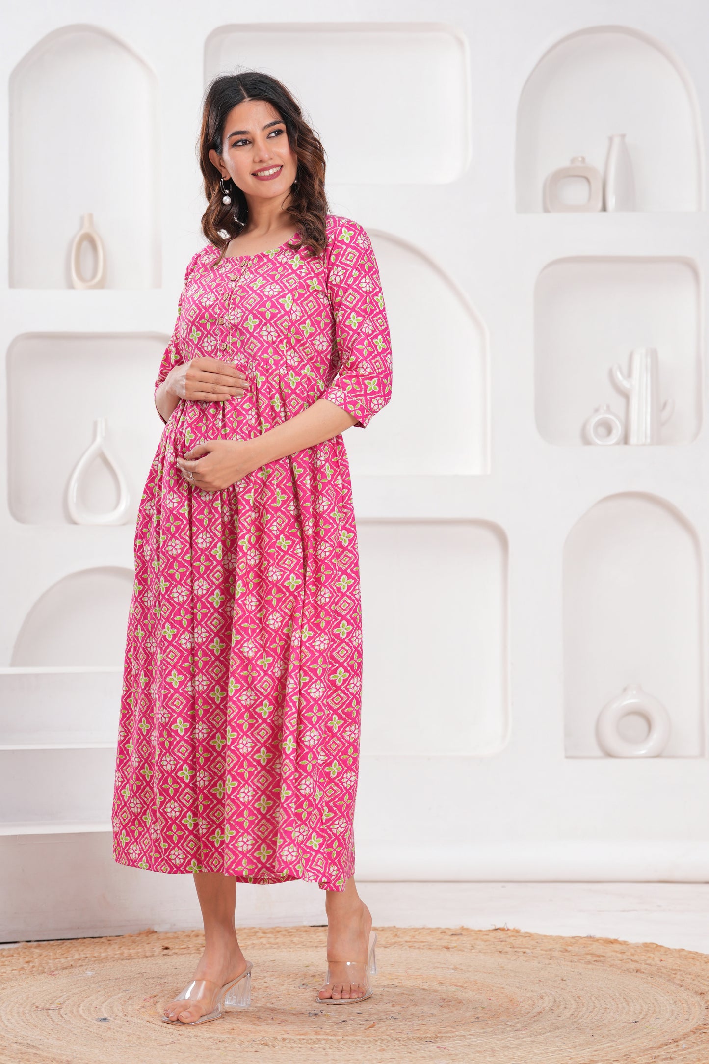 New Exclusive Cotton Cambric Floral Printed With Zip Design Maternity Gawn