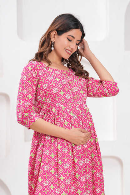 New Exclusive Cotton Cambric Floral Printed With Zip Design Maternity Gawn