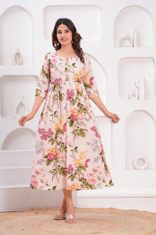 New Exclusive Cotton Cambric Floral Printed With Zip Design Maternity Gawn