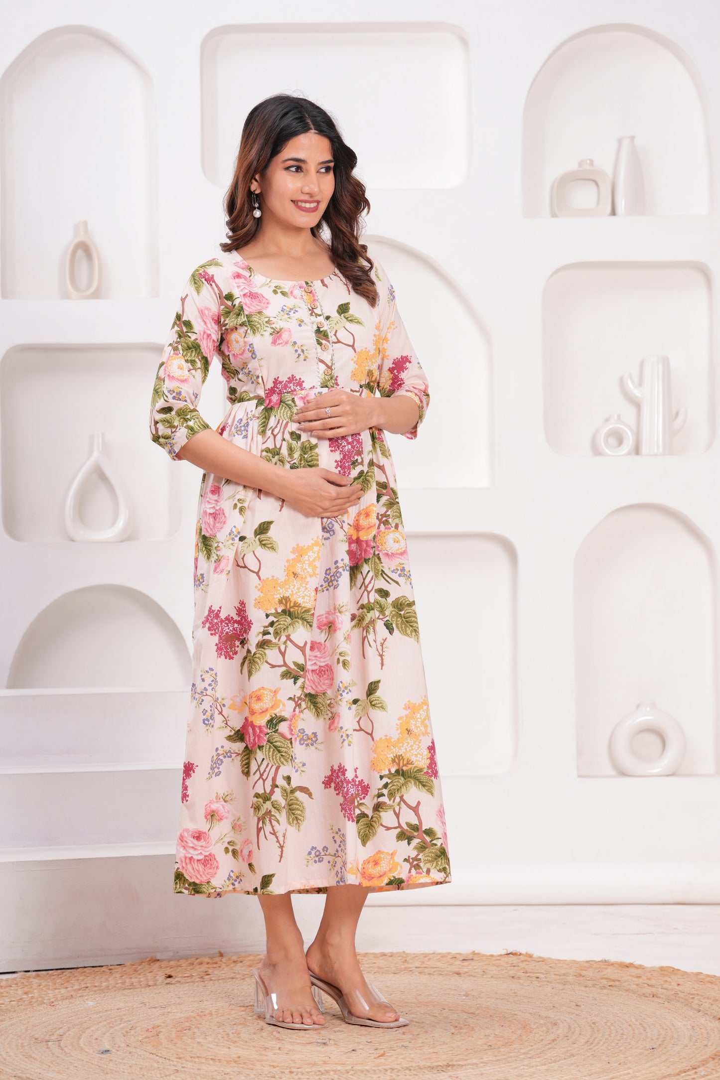 New Exclusive Cotton Cambric Floral Printed With Zip Design Maternity Gawn