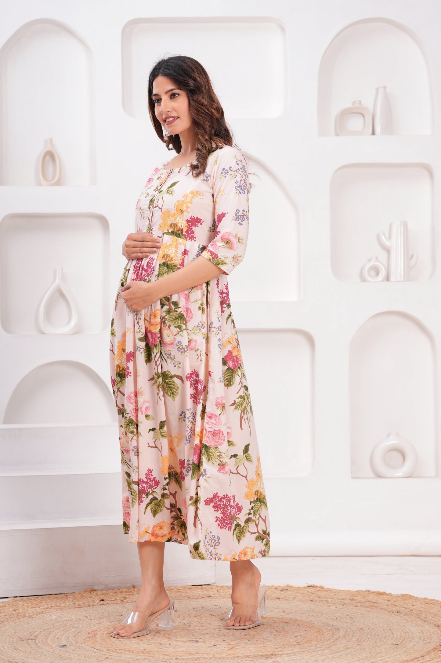 New Exclusive Cotton Cambric Floral Printed With Zip Design Maternity Gawn