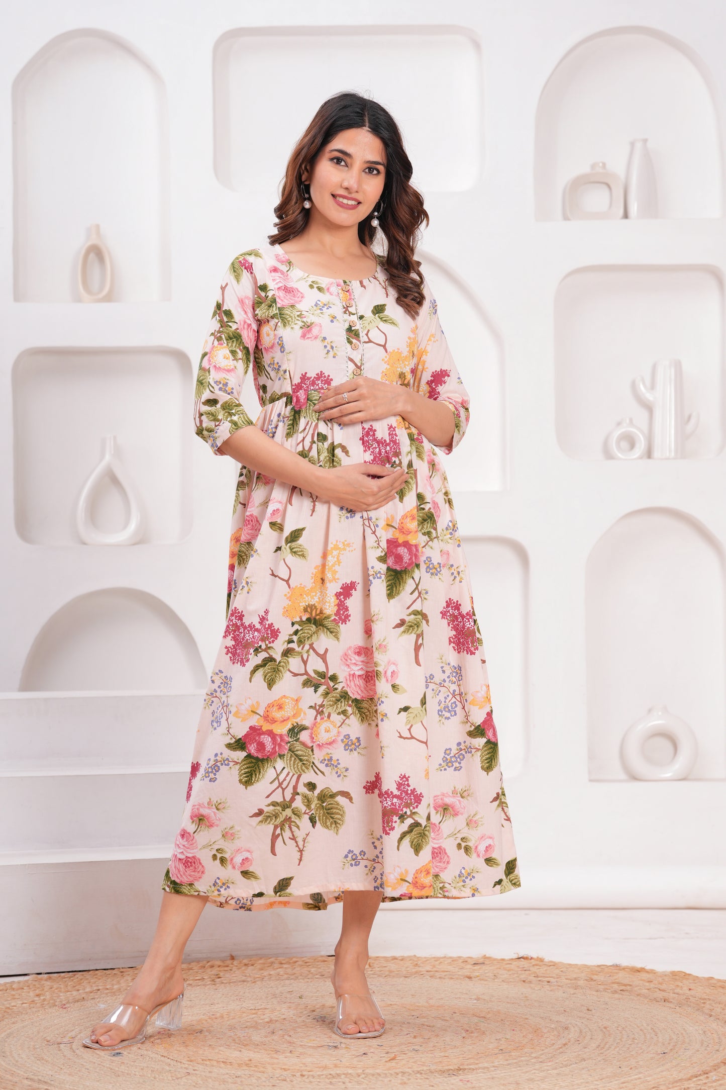 New Exclusive Cotton Cambric Floral Printed With Zip Design Maternity Gawn