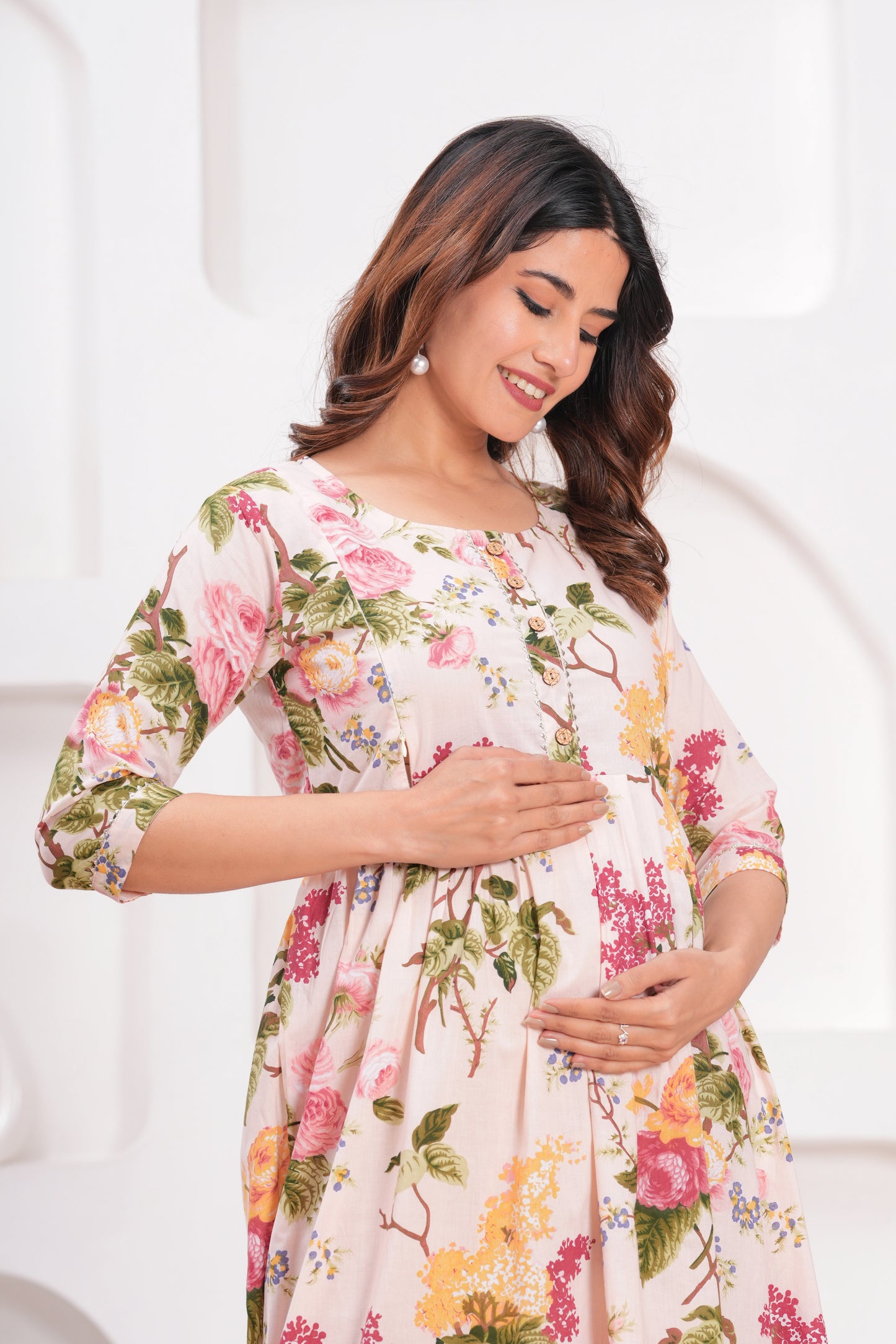 New Exclusive Cotton Cambric Floral Printed With Zip Design Maternity Gawn