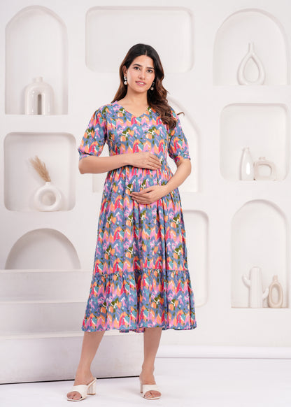 New Exclusive Cotton Cambric Floral Printed With Zip Design Maternity Gawn