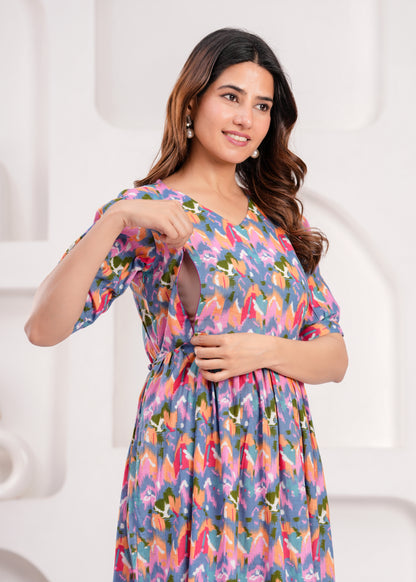 New Exclusive Cotton Cambric Floral Printed With Zip Design Maternity Gawn