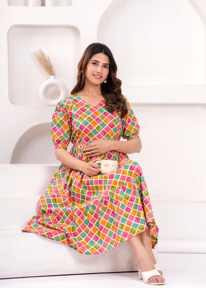 New Exclusive Cotton Cambric Floral Printed With Zip Design Maternity Gawn