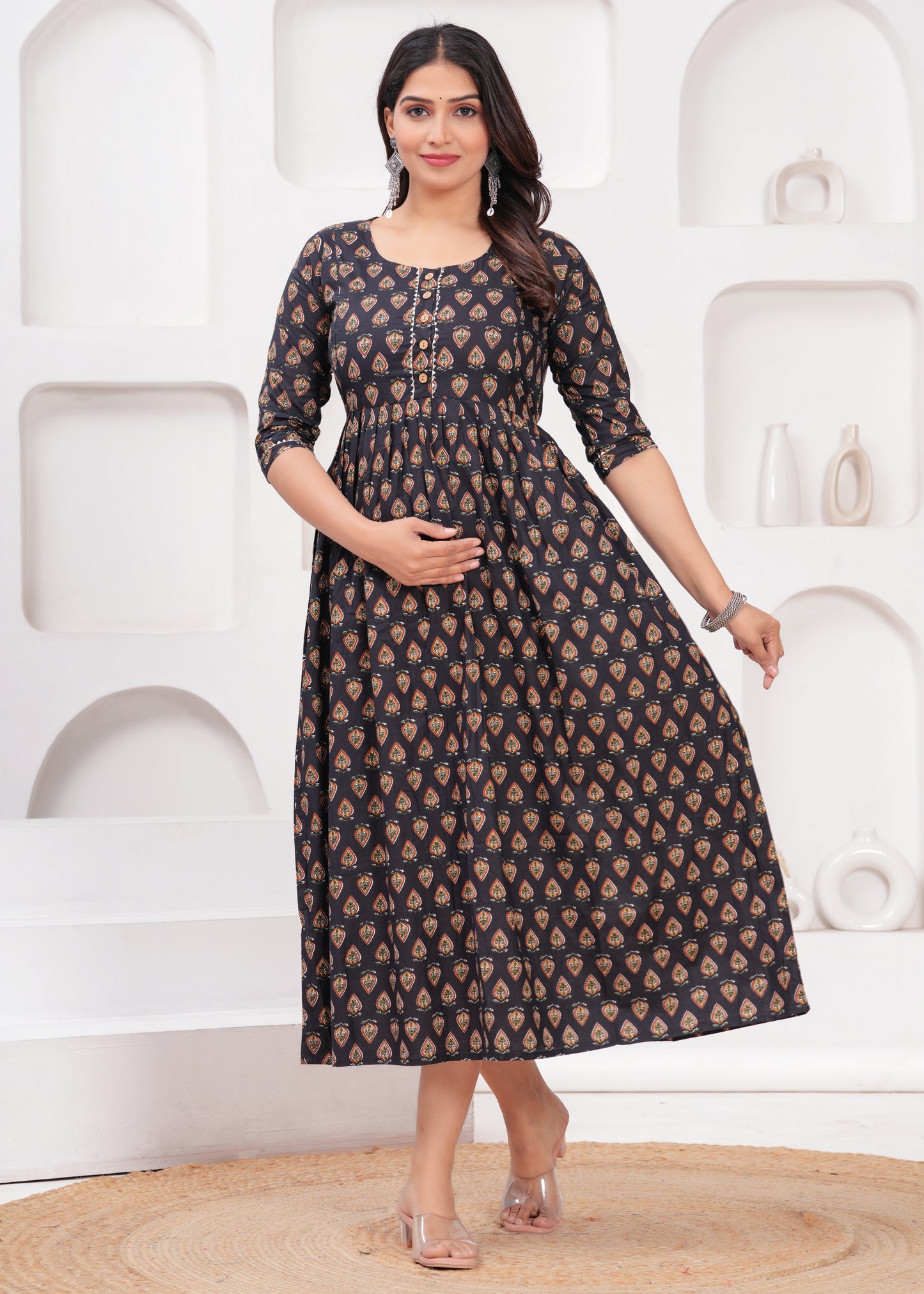 New Exclusive Cotton Cambric Floral Printed With Zip Design Maternity Gawn