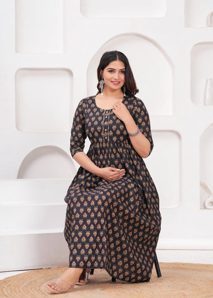 New Exclusive Cotton Cambric Floral Printed With Zip Design Maternity Gawn
