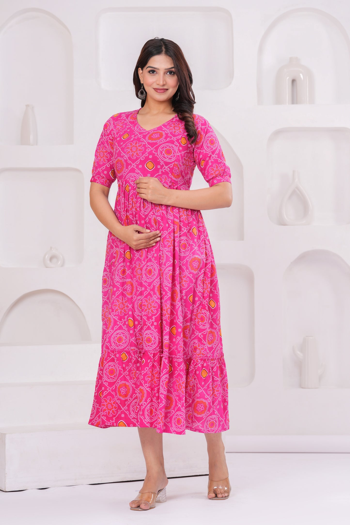 New Exclusive Cotton Cambric Floral Printed With Zip Design Maternity Gawn