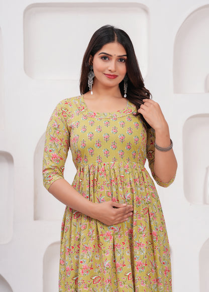 New Exclusive Cotton Cambric Floral Printed With Zip Design Maternity Gawn