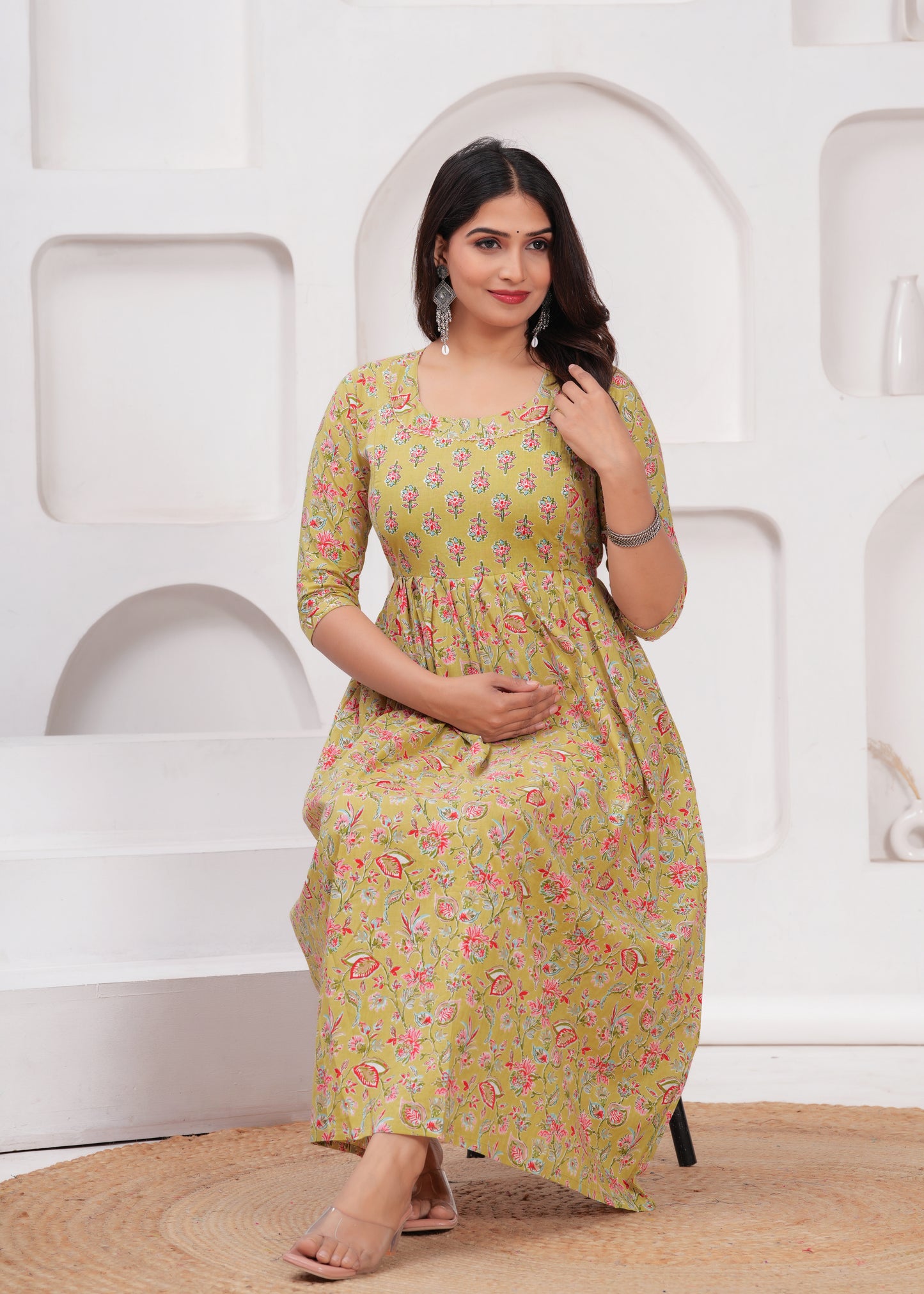 New Exclusive Cotton Cambric Floral Printed With Zip Design Maternity Gawn