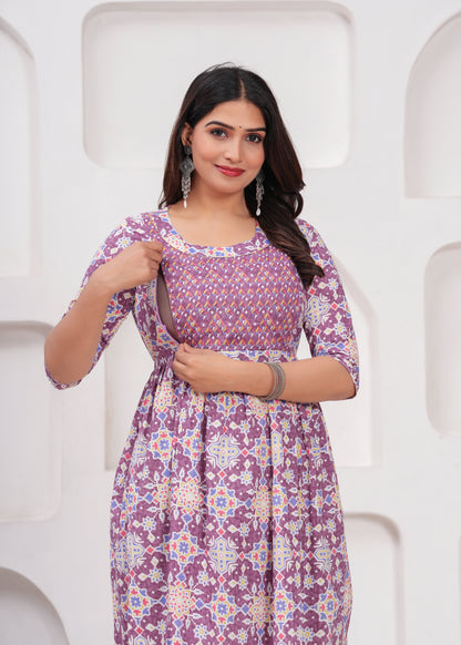 New Exclusive Cotton Cambric Floral Printed With Zip Design Maternity Gawn