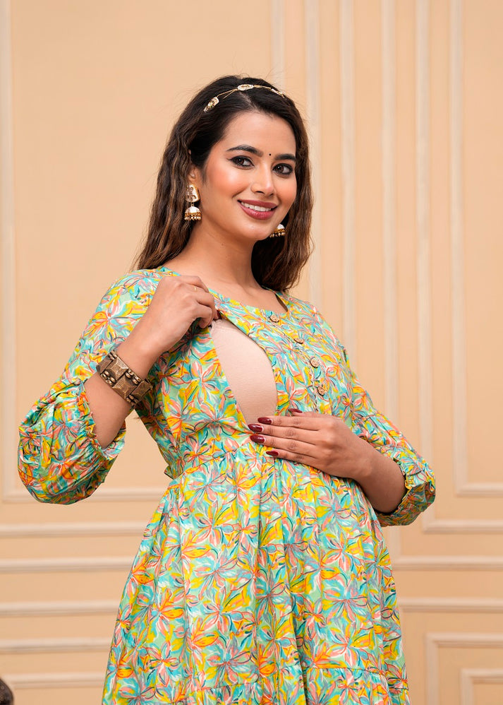 New Exclusive Cotton Cambric Floral Printed With Zip Design Maternity Gawn