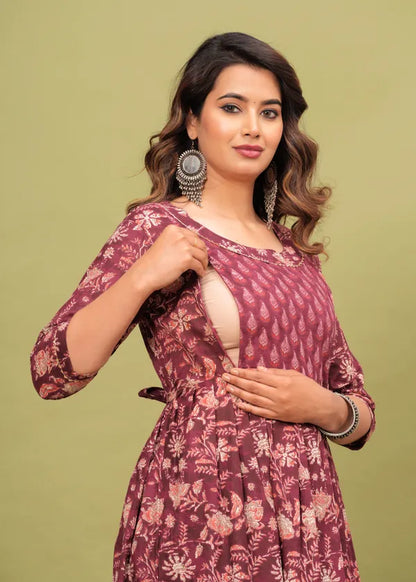New Exclusive Cotton Cambric Floral Printed With Zip Design Maternity Gawn