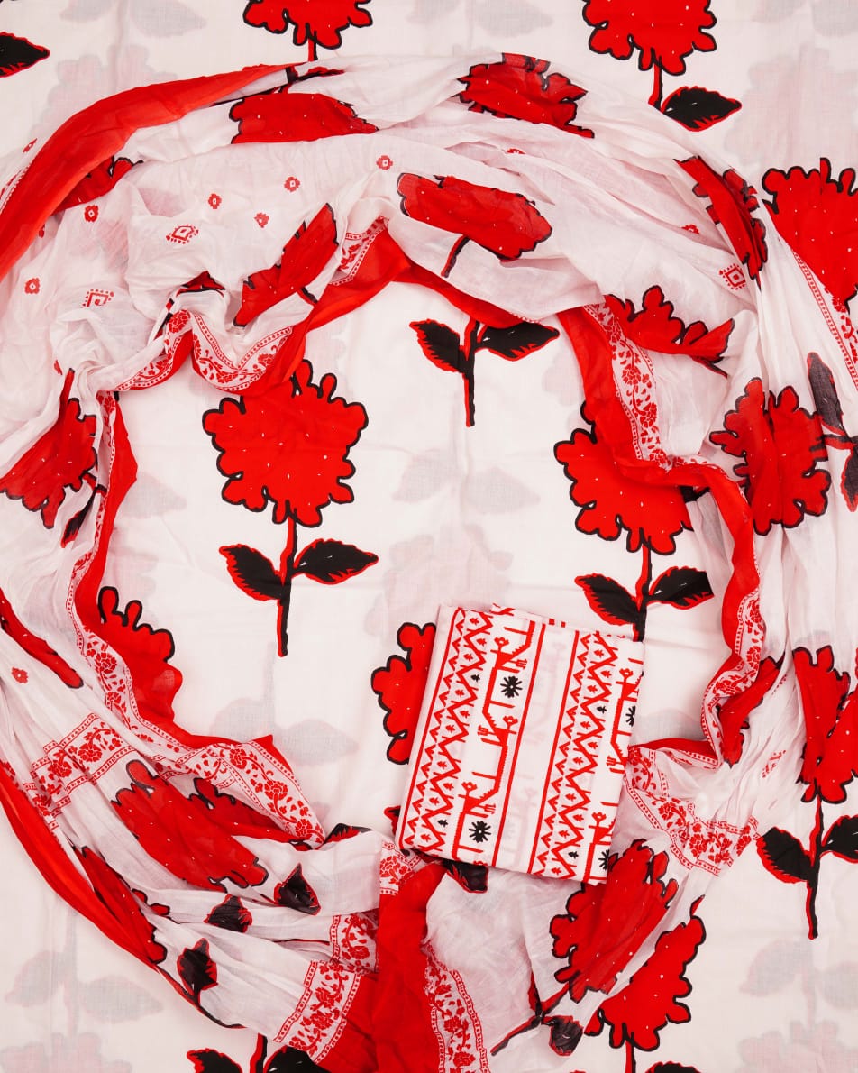 Hand Printed Unstiched Cotton Suit With Mulmul Dupatta