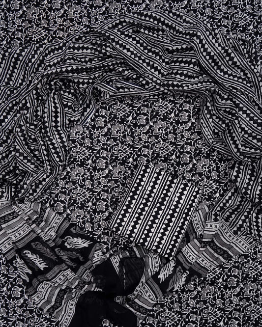 Hand Printed Unstiched Cotton Suit With Mulmul Dupatta