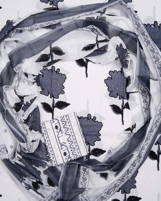 Hand Printed Unstiched Cotton Suit With Mulmul Dupatta