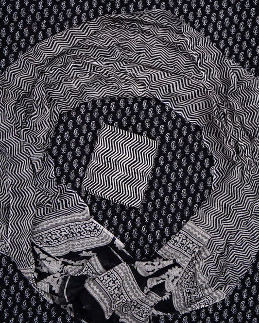 Hand Printed Unstiched Cotton Suit With Mulmul Dupatta