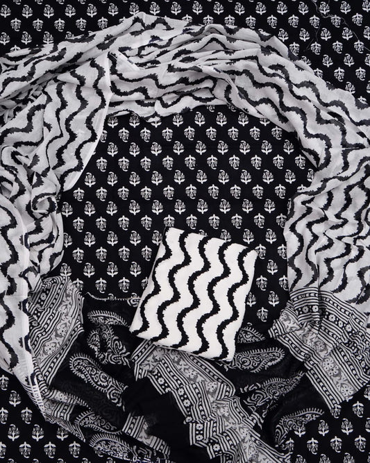 Hand Printed Unstiched Cotton Suit With Mulmul Dupatta