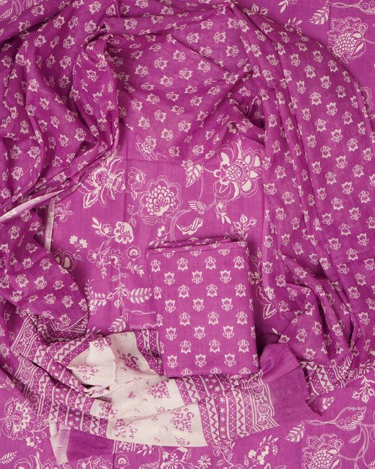 Hand Printed Unstiched Cotton Suit With Mulmul Dupatta