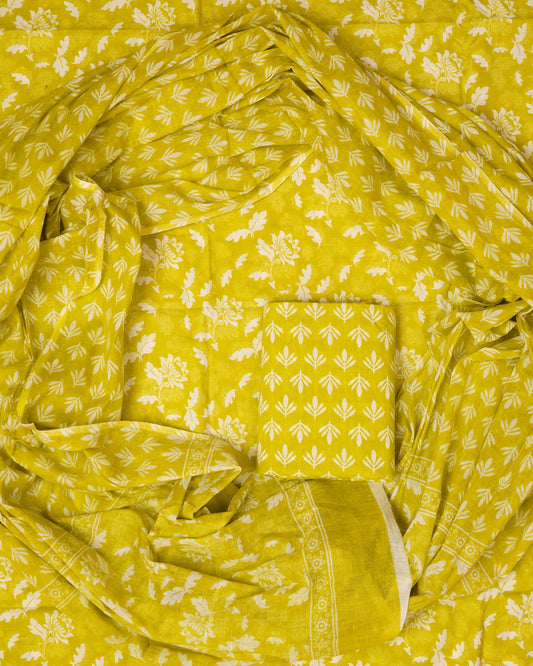 Hand Printed Unstiched Cotton Suit With Mulmul Dupatta