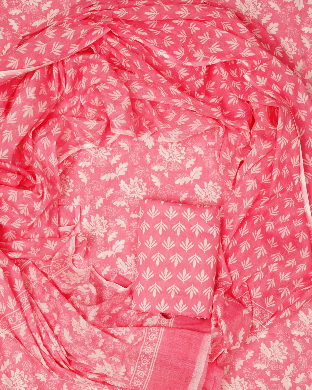 Hand Printed Unstiched Cotton Suit With Mulmul Dupatta