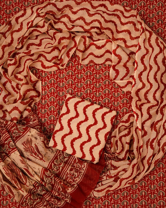 Hand Printed Unstiched Cotton Suit With Mulmul Dupatta