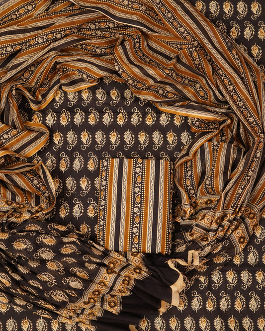 Hand Printed Unstiched Cotton Suit With Mulmul Dupatta