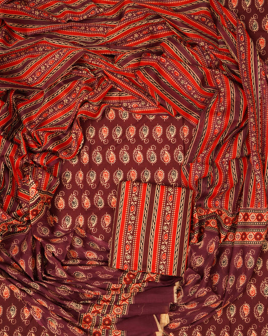 Hand Printed Unstiched Cotton Suit With Mulmul Dupatta