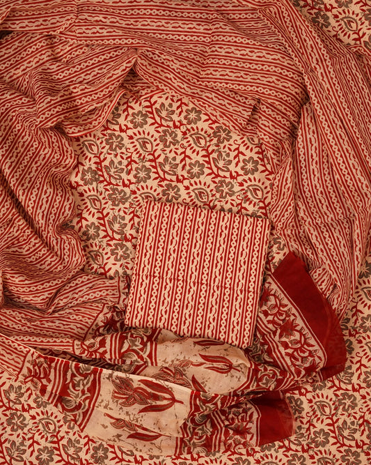 Hand Printed Unstiched Cotton Suit With Mulmul Dupatta
