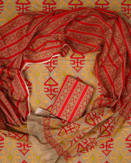 Hand Printed Unstiched Cotton Suit With Mulmul Dupatta