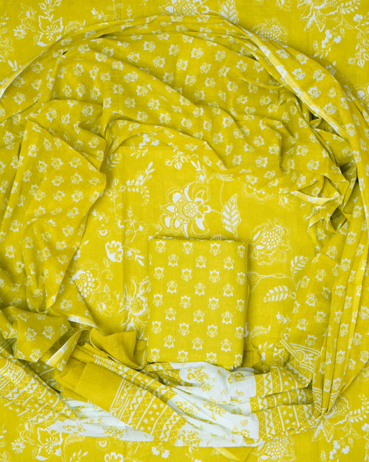 Hand Printed Unstiched Cotton Suit With Mulmul Dupatta
