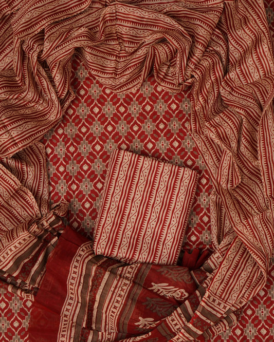 Hand Printed Unstiched Cotton Suit With Mulmul Dupatta