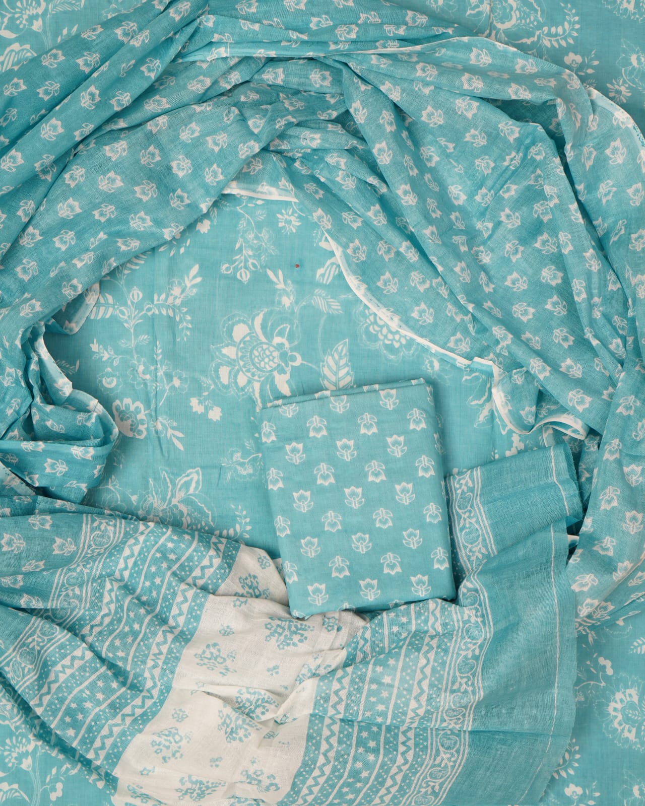 Hand Printed Unstiched Cotton Suit With Mulmul Dupatta