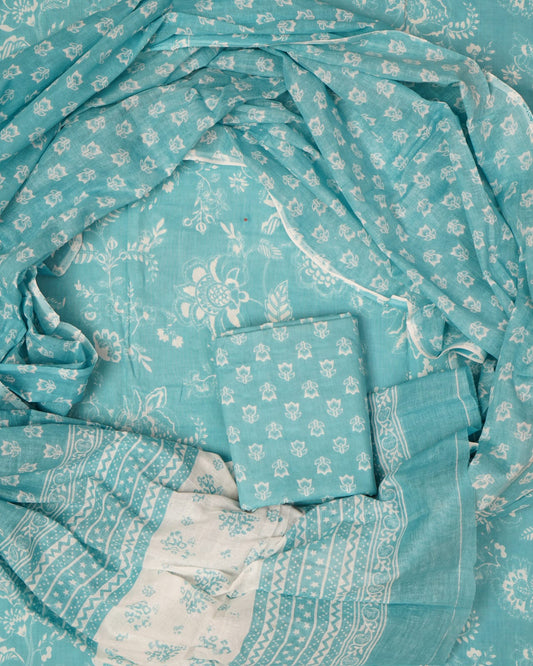 Hand Printed Unstiched Cotton Suit With Mulmul Dupatta
