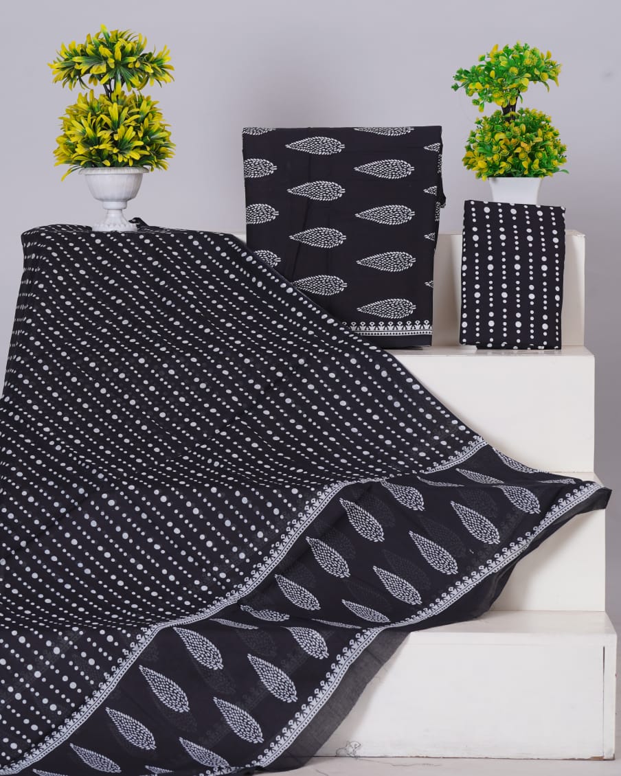 Hand Printed Unstiched Cotton Suit With Mulmul Dupatta