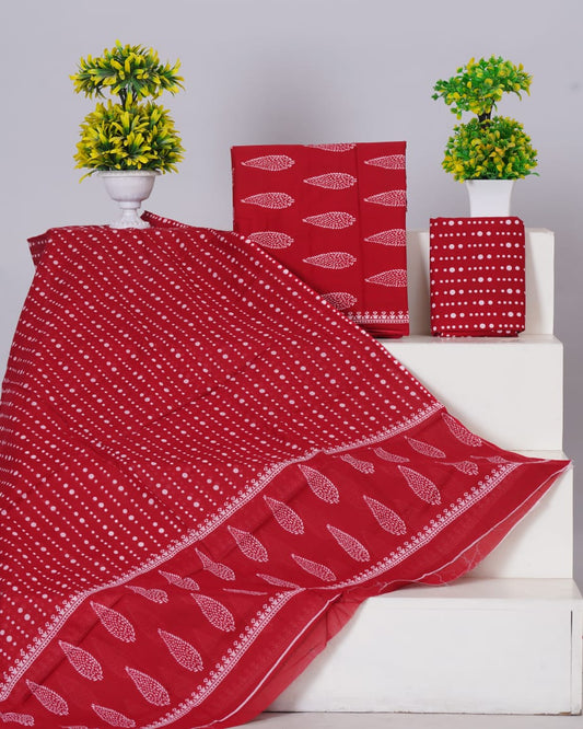 Hand Printed Unstiched Cotton Suit With Mulmul Dupatta