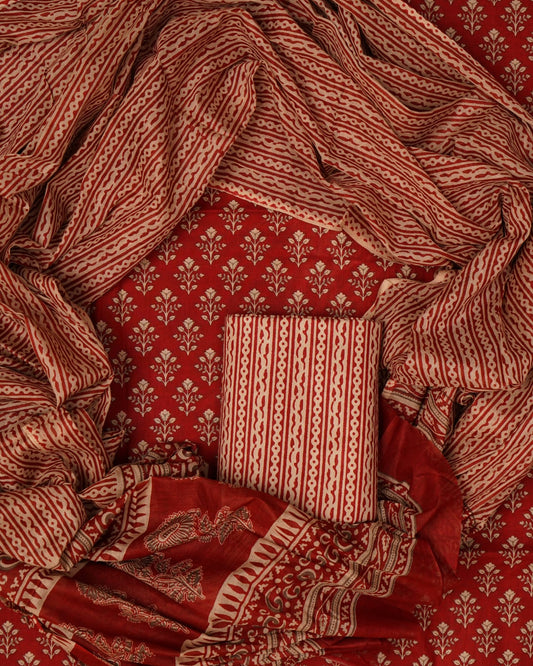 Hand Printed Unstiched Cotton Suit With Mulmul Dupatta